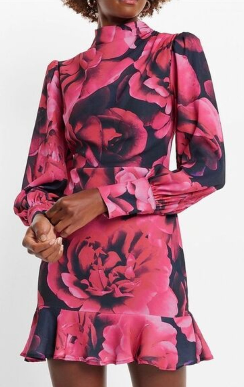 Express pink floral ruffle hem high neck dress Size Med Romantic Whimsigoth